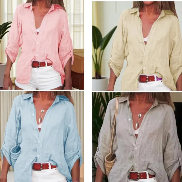 Womens Loose Fit Cotton Shirt ,Solid Color Button Down Blouse with 3,4 Sleeves - Image 2