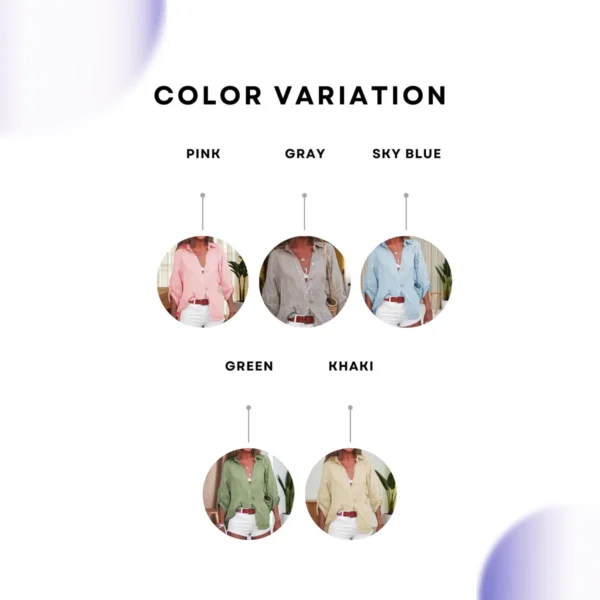 Womens Loose Fit Cotton Shirt ,Solid Color Button Down Blouse with 3,4 Sleeves - Image 8