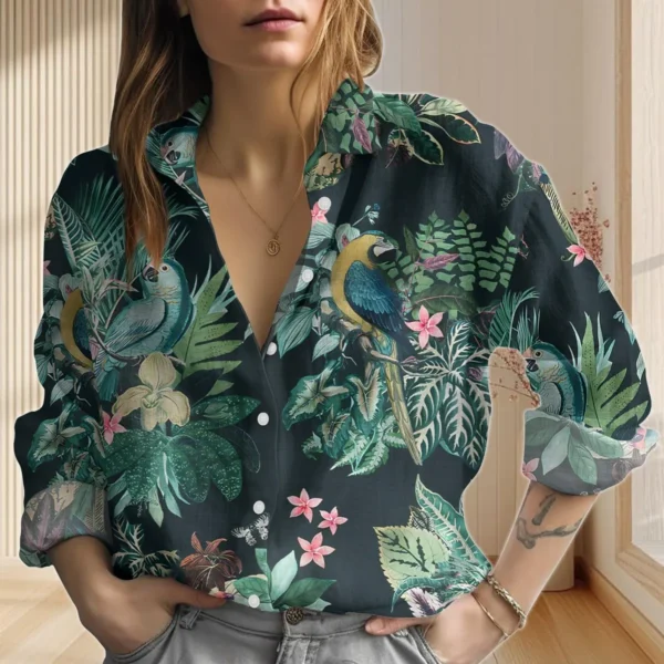 Tropical Parrot Linen, Look Shirt, Botanical Blouse Shirt, Jungle Bird Print Casual Top - Image 3