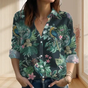 Tropical Parrot Linen, Look Shirt, Botanical Blouse Shirt, Jungle Bird Print Casual Top