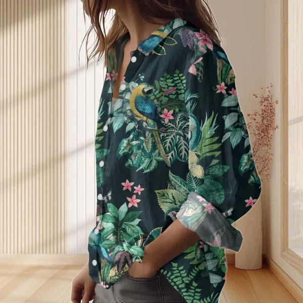 Tropical Parrot Linen, Look Shirt, Botanical Blouse Shirt, Jungle Bird Print Casual Top - Image 2