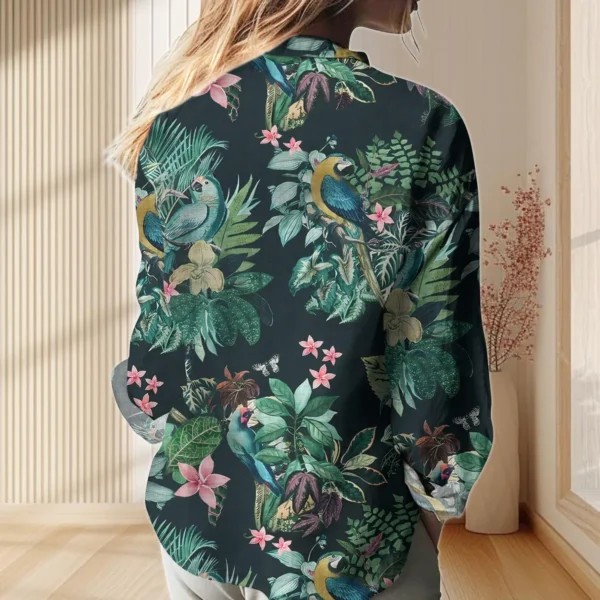 Tropical Parrot Linen, Look Shirt, Botanical Blouse Shirt, Jungle Bird Print Casual Top - Image 6