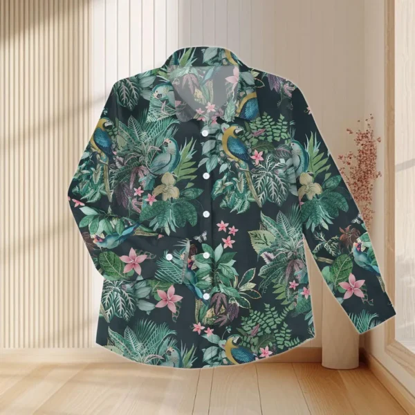 Tropical Parrot Linen, Look Shirt, Botanical Blouse Shirt, Jungle Bird Print Casual Top - Image 5