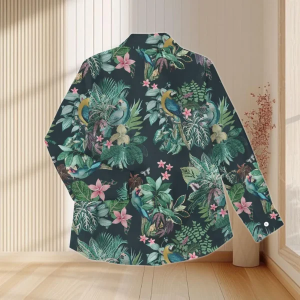 Tropical Parrot Linen, Look Shirt, Botanical Blouse Shirt, Jungle Bird Print Casual Top - Image 4