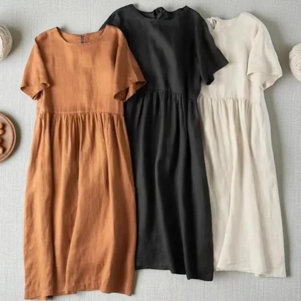 Cotton Linen Summer Dress for Women , Loose Fit Midi O-Neck Dress, Casual High Waist A-Line Short Sleeve Dress - Image 5