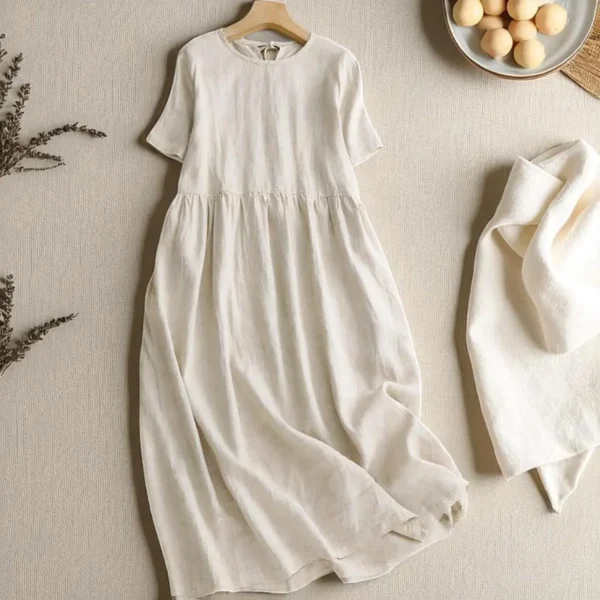 Cotton Linen Summer Dress for Women , Loose Fit Midi O-Neck Dress, Casual High Waist A-Line Short Sleeve Dress - Image 2