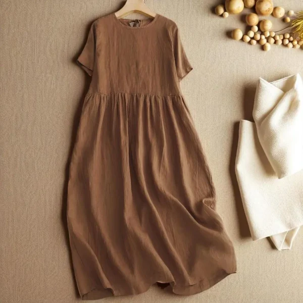 Cotton Linen Summer Dress for Women , Loose Fit Midi O-Neck Dress, Casual High Waist A-Line Short Sleeve Dress