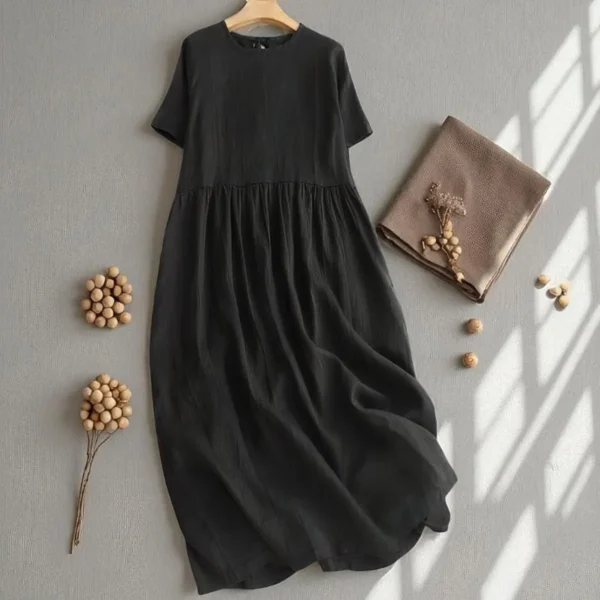 Cotton Linen Summer Dress for Women , Loose Fit Midi O-Neck Dress, Casual High Waist A-Line Short Sleeve Dress - Image 3