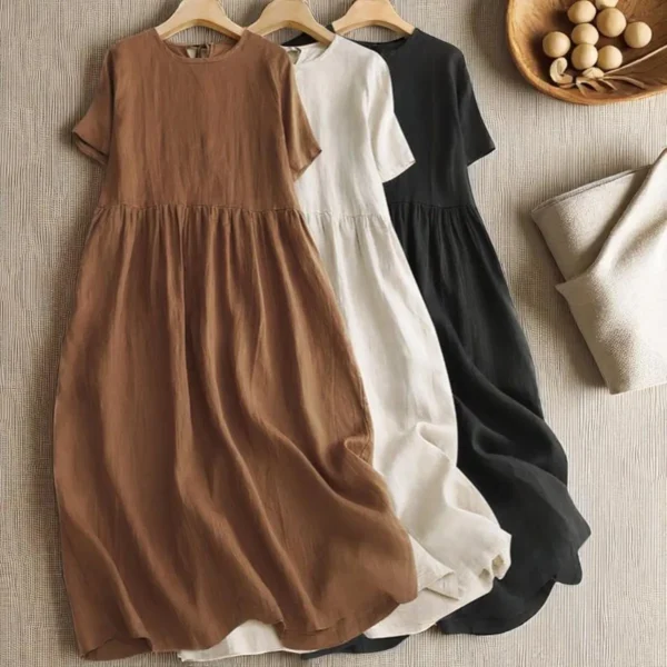 Cotton Linen Summer Dress for Women , Loose Fit Midi O-Neck Dress, Casual High Waist A-Line Short Sleeve Dress - Image 10