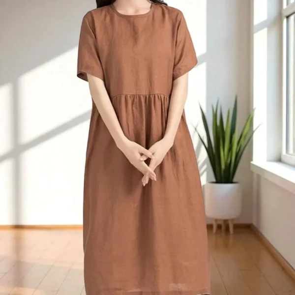 Cotton Linen Summer Dress for Women , Loose Fit Midi O-Neck Dress, Casual High Waist A-Line Short Sleeve Dress - Image 9