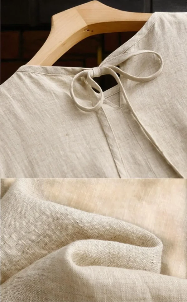 Cotton Linen Summer Dress for Women , Loose Fit Midi O-Neck Dress, Casual High Waist A-Line Short Sleeve Dress - Image 7