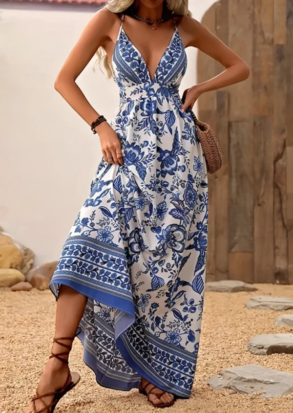 Blue And White Hand Printed Cotton Suspender Summer Dress, Comfortable To Wear - Image 3